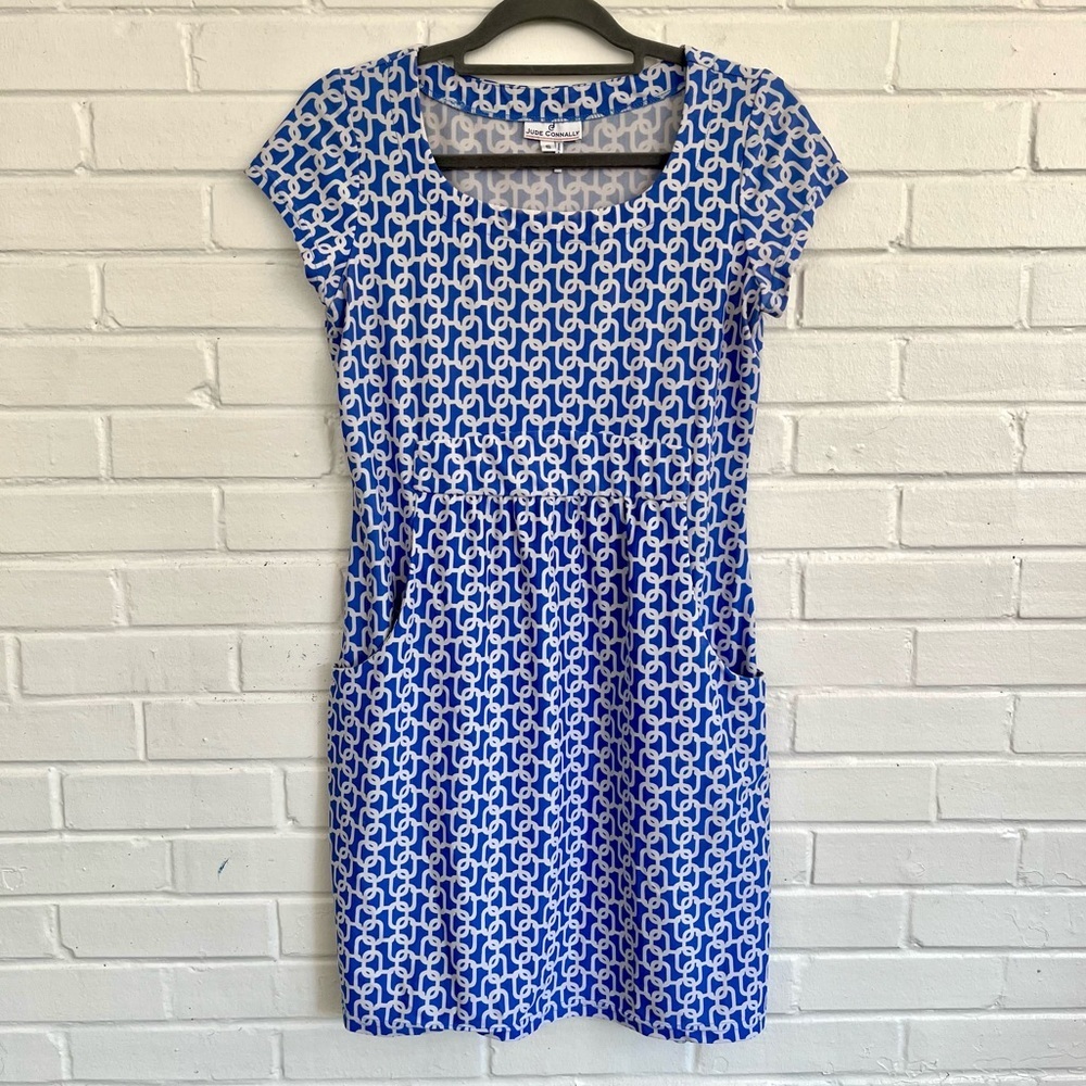 Jude Connally Blue‎ and White “Mini Link” Geometric Mini Dress SZ S